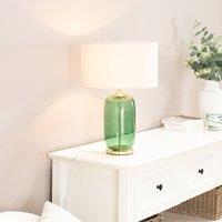ValueLights Leigh Fabric Drum Shade & Forest Green Glass Gold Trim Table Lamp & LED Bulb in Nude