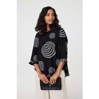 Izabel London Women's Abstract Print Frill Hem Tunic Top in Black | Size: 10