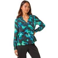 Roman Women's Petite Animal Print Button Up V-Neck Blouse in Turquoise | Size: 18