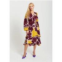 Liquorish Women's Geometric Floral Print Midi Wrap Dress In Mustard & Burgundy | Size: 16