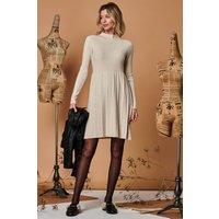 Jolie Moi Women's Long Sleeve Fit & Flare Knit Dress in Beige | Size: Medium/Large