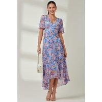 Jolie Moi Women's Floral Pleated Chiffon Dip Hem Dress in Blue | Size: 14