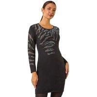 Roman Women's Animal Print Embellished Shift Dress in Black | Size: 14