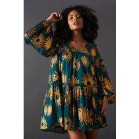 Warehouse Women's Sun Metallic Jacquard Frill Detail Mini Smock Dress in Dark Green | Size: 8