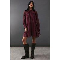 Warehouse Women's Premium Chiffon Tie Neck Moon Embellished Sequin Mini Smock Dress in Burgundy | Size: 8
