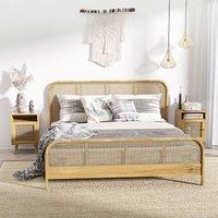 HOMCOM Bedside Table Set of 2 End Table with Open Shelf Rattan Door in Light Brown
