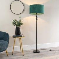 ValueLights Marissa Velvet Drum Shade with Black Stacked Ball Floor Lamp in Bottle Green