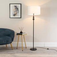 ValueLights Marissa Fabric Drum Shade with Black Stacked Ball Floor Lamp & LED Bulb in White