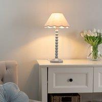 ValueLights Bobbins Powder Blue Table Lamp with Tapered Natural Linen Scallop Shade in Pale Pink