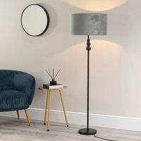 ValueLights Marissa Velvet Drum Shade with Black Stacked Ball Floor Lamp with LED Bulb in Grey