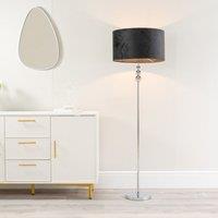 ValueLights Marissa Velvet Drum Shade with Chrome Stacked Ball Floor Lamp with LED Bulb in Black