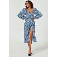 FS Collection Women's Floral Print Long Sleeve Heart Neckline Midi Dress In Blue | Size: Small