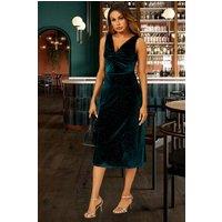 FS Collection Women's Silver Sparkly Velvet Knot Front Midi Dress In Green | Size: XS