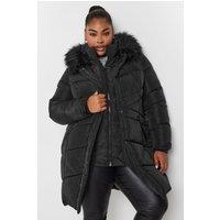 Yours Women's Faux Fur Trim Puffer Coat in Black | Size: 20