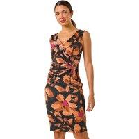 Roman Women's Floral Ruched V-Neck Dress in Beige | Size: 18