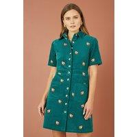 Yumi Women's Teal Cord Shirt Dress With All Over Fox Embroidery | Size: 16