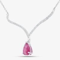T.H.Baker Women's 9ct White Gold Pear Shaped Ruby & 0.10ct Diamond Set Wishbone Necklace DP1613WRU in Silver