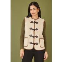 Yumi Women's Cream Borg Gilet With Faux Leather Button Details | Size: 14