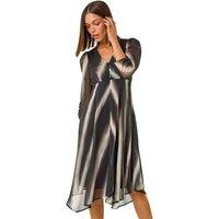Roman Women's Stripe Print V-Neck Hanky Hem Midi Dress in Black | Size: 18