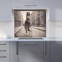 Warren Reed - Designer Victorian Cat Riding A Bike Kitchen Splashback in Black | Size: 700mm x 750mm