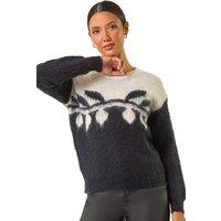Roman Women's Leaf Jacquard Crew Neck Knit Jumper in Black | Size: 12