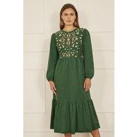 Yumi Women's Green Long Sleeve Midi Dress With Floral Embroidery Bodice | Size: 10