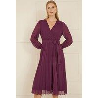 Yumi Women's Plum Pleated Wrap Midi Dress With Sheer Long Sleeves | Size: 10