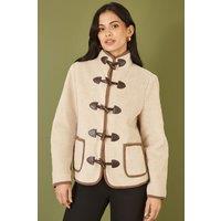 Yumi Women's Cream Borg Jacket With Faux Leather Button Details | Size: 8