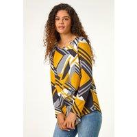 Roman Women's Geometric Print Wrap Tunic Stretch Top in Yellow | Size: 12