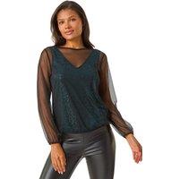Roman Women's Mesh Overlay Sparkle Top in Teal | Size: 20