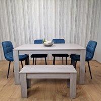 KOSY KOALA Grey Dining Table & 4 Blue Velvet Tufted Chairs with 1 Bench | Size: 140 cm x 80 cm