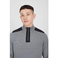 Brave Soul Men's Cotton Quarter Zip Funnel Neck Contrast Knit Jumper in Grey | Size: XL