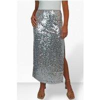 Paulo Due Women's Sequin Maxi Skirt with Side Slit in Metallic Silver | Size: 8-10