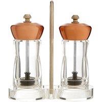 Orsina Gold & Clear Salt & Pepper Mill Set On Stand, Acrylic Grinders With Gold Finish & Ceramic Mechanisms in Copper