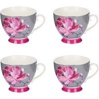 KitchenCraft Set of 4 China Pink Flower Mugs in Grey