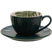 Orsina Green Cup & Saucer, Tropical Leaf Design on Porcelain Cup & Saucer, Glazed Finish Set of 2 With White Inner