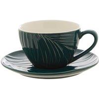 Orsina Dark Green Espresso Cup & Saucer With Botanical Embossed Detailing, 2-Piece Set For Tea, Saucer & Cup With Tapered Base