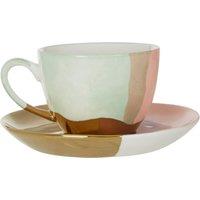 Orsina Hand-Painted Porcelain Cup & Saucer Set, Tropical Pastel Toned Luxury Designer Cups & Saucers