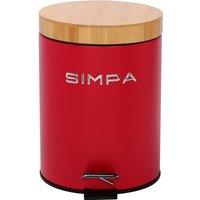 simpa 5L Soft-Closing Pedal Dustbin with Bamboo Lid in Red