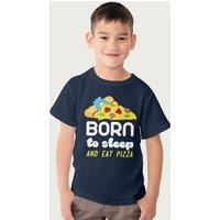 Care Bears Bedtime Bear Born To Sleep & Eat Pizza White Text T-Shirt in Navy | Size: 3-4 Years