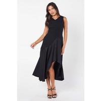 Ruched Shoulder Drape Skirt Crepe Midi Wedding Guest Dress