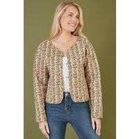 Yumi Women's Blue Floral Print Reversible Cotton Cropped Quilted Jacket in Stone | Size: 8