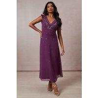 Oasis Women's Occasion Embellished Frill Sleeve Midi Dress in Plum | Size: 10