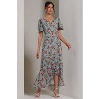 Jolie Moi Women's Printed Mesh Frill Dip Hem Dress in Green | Size: 14