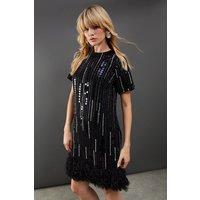Hand Embellished Sequin Fluffy Hem Tshirt Mini Dress