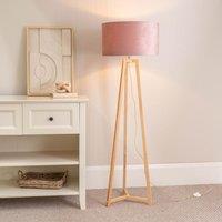 ValueLights Lottie Natural Wood Tripod Floor Lamp with Velvet Drum Shade in Pink