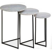 Orsina Nest of 3 Natural Marble Top Side Tables Set, Round End Tables for Home, Black Powder Coated Open Frame in White
