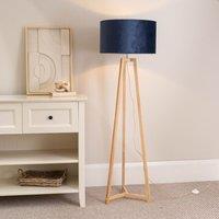ValueLights Lottie Natural Wood Tripod Floor Lamp with Velvet Drum Shade & LED Bulb in Blue