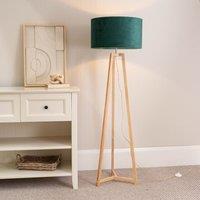 ValueLights Lottie Natural Wood Tripod Floor Lamp with Velvet Drum Shade & LED Bulb in Green