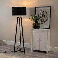 ValueLights Lottie Black Wood Tripod Floor Lamp with Black & Gold Drum Shade & LED Bulb